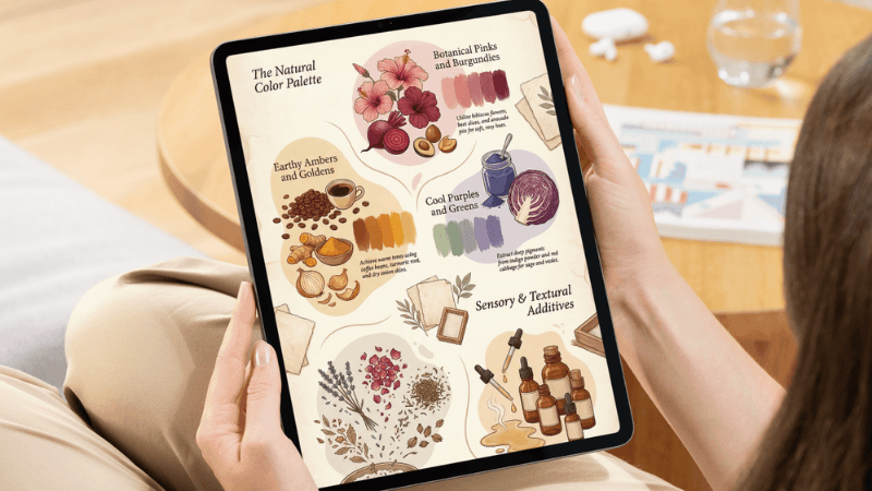 Bonus 4: Woman reading the Natural Dyes and Scents digital guide on a tablet