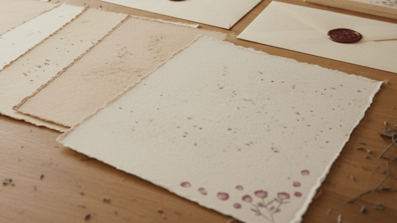 Beautiful handmade paper sheets with pressed flower petals on a warm wooden table